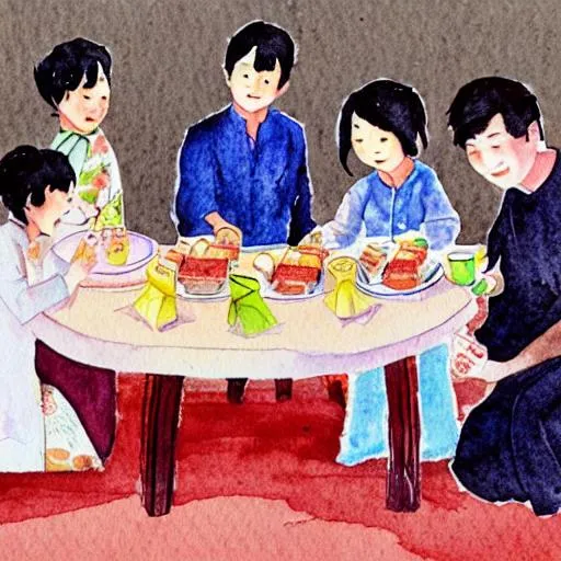 Prompt: A  nostalgic watercolor drawing of an asian family enjoying traditional korean desserts around a table.