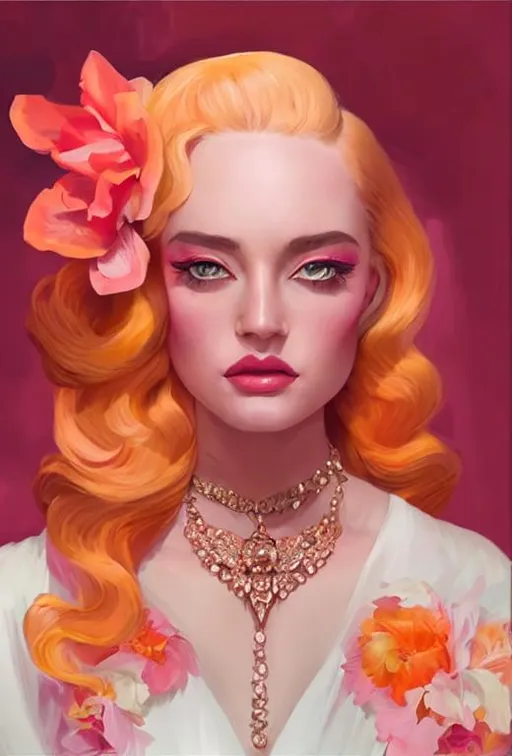 Prompt: Cinematic smooth, Portrait of beautiful woman, old Hollywood silky hairstyle, orange gradient colored, dramatic makeup, beautiful eyes, wearing a fancy sequin dress  by Anna Dittmann, Greg Rutkowski, WLOP, by artgerm, art by Laura Hollingsworth, Atey Ghailan, Andrew Atroshenko, Stanley Artgerm, 4k, digital art, pretty visuals, aesthetic, artstation, unreal engine, shadow effect, insanely detailed and intricate, highly detailed  