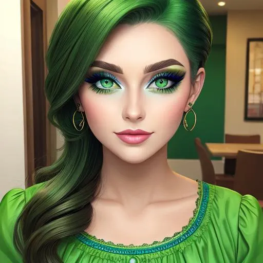 Prompt: A woman all in green, green eyes, pretty makeup