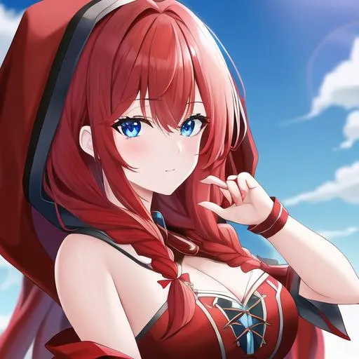 Prompt: Haley 1female (braided red hair pulled back, lively blue eyes), highly detailed face, 8K, UHD, wearing a red riding hood outfit