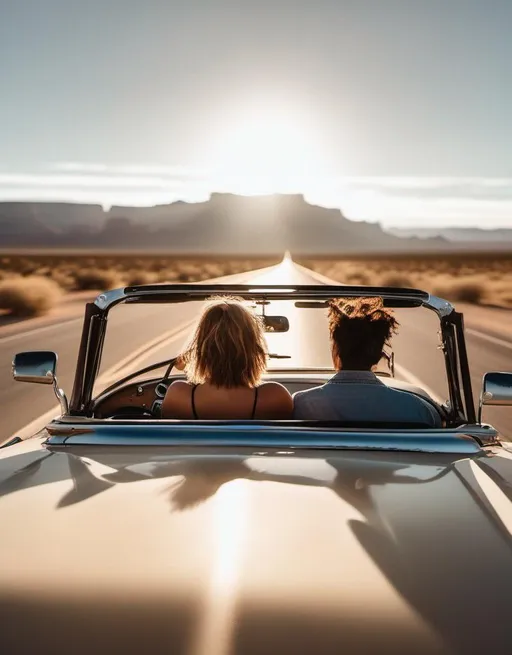 Prompt: A woman looks out happily from a vintage convertible driving down an open desert highway in the American southwest at sunrise. Shot with a 85mm lens on a Fujifilm X-T3. The mood is free, wanderlust, carefree. In the style of Samantha Borges. 