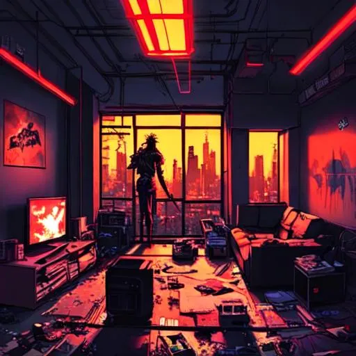 Prompt: Cyberpunk & Lofi setting, Messy apartment, dramatic lighting, high contrast colours, panoramic view, High detail, Starlit sky, Sharp, Cozy, Anime, Person sitting and watching television, Panoramic,