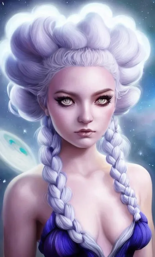 Prompt: beautiful cool girl with cosmic hairstyle. Her Hair is made of white puff glowing clouds in a updo held by glowing shooting stars, planets and the moon. dramatic lighting coming from the planets, aesthetic, inspiring, creative, hyperdetailed, rim lighting, art by artgerm , Peter mohrbacher, Greg rutkowaski, Tom Bagshaw, WLOP, digital art, smooth, aesthetic, glow, shimmer