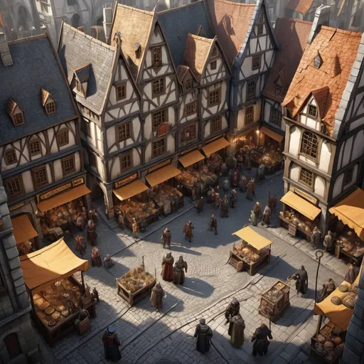 Prompt: Busy top-down view of a bustling town square in Antan Pieck's warhammer fantasy RPG style, intricate details of cobblestone streets, medieval architecture with gothic influences, lively market stalls and merchants, diverse crowd of fantasy characters, grimy tones, busy and vibrant atmosphere, high quality, detailed, top-down view, Antan Pieck's warhammer fantasy RPG style, medieval architecture, gothic, bustling town square, diverse crowd, fantasy characters, grimy tones, vibrant atmosphere, detailed streets, market stalls, lively, busy