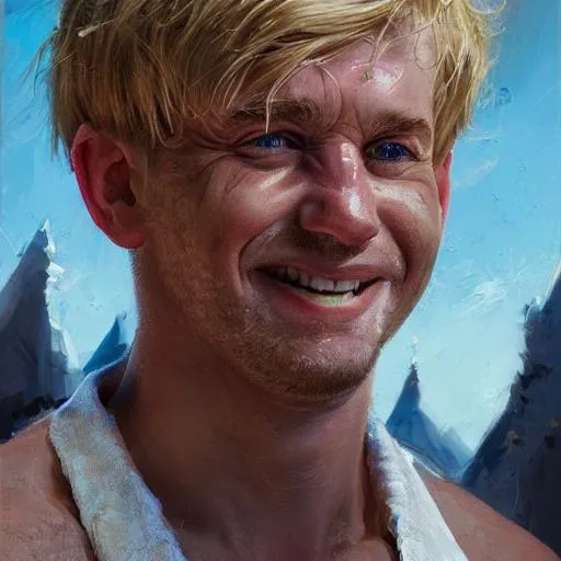 Prompt: Close up portrait of barney rubble with blonde hair and with cute face,  happy smile clean shaven short neck Paradise vibe, perfect composition, hyperrealistic, super detailed, 8k, high quality, trending art, trending on artstation, sharp focus, studio photo, intricate details, highly detailed, by greg rutkowski