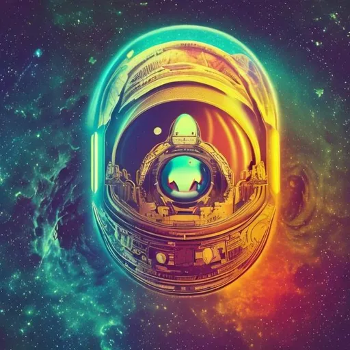 Prompt: an astronaut helmet with the tongue out, duality, space time, infinite loop, andes landscape, andean motives, inca style, infinite mirror, loop, trippy, inception