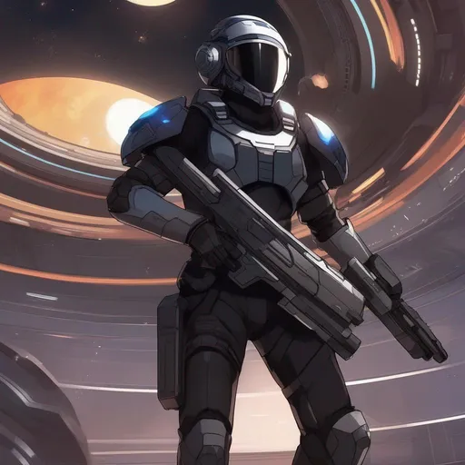 Prompt: From distance. Whole body. Full figure. A jovian male soldier in scifi combat space uniform. He has a scifi sallet helmet with a visor. Black armor. Dark silver details. He wields a plasma rifle. In background a space base. Anime art. Rpg. Anime style. Traveller rpg. Traveller art. Rpg art. Akira art. 2d art. 2d. Well draw face. Detailed. Whole figure. Full body. 