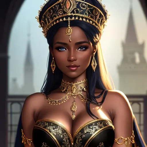 Prompt: fantasy, medieval, queen, gorgeous, curve, stunning, fit, young, Scantily dressed, dark skin, UHD, 8k, high quality, ultra quality, perfect composition, trending art, trending on artstation, sharp focus, studio photo, intricate details, cinematic lighting, special effects, hyper realism, hyper realistic, Very detailed, high detailed face, high detailed eyes, oil painting