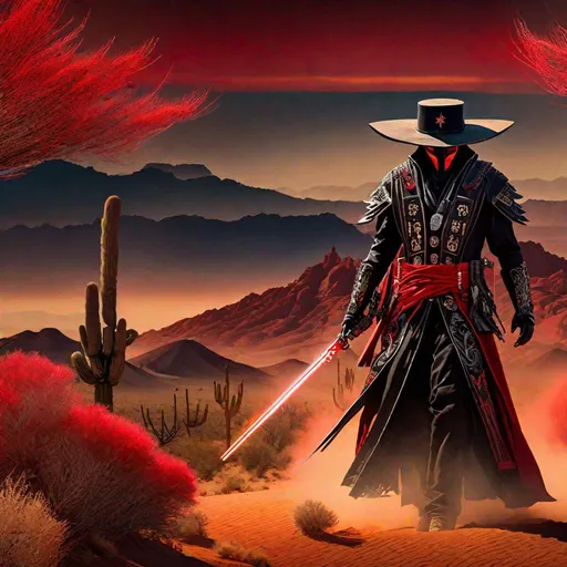 Prompt: "Cyber samurai with 4 Arms, fiery red kimono, Dressed in black duster and Stetson Cowboy Hat, with Red eyes, Haunting Presence, Intricately Detailed, Hyperdetailed, Desert Wild West Landscape, Dusty Midnight Lighting, Wild West Feel,