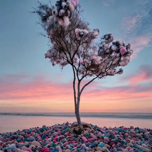 Prompt: cotton candy skies with a few trees and beach made of pebbles