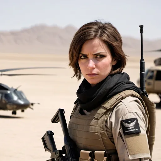 Prompt: A female soldier with short brown hair looking off in the distance. Her eyes are expressionless. She's wearing a brown shemagh scarf around her neck. She's wearing dark gray kevlar armor and holding a black assault rifle. She's in the desert with a blackhawk helicopter in the distant background.