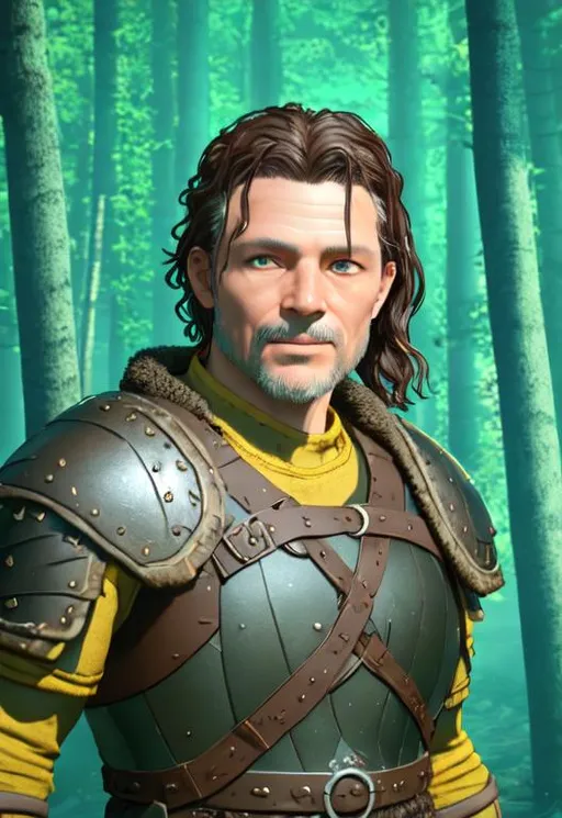 Prompt: Digital Art, 45-year-old viking man, dark brown hair, wavy hair, short trimmed beard, short trimmed mustache, brown eyes, black viking gear, yellow viking armor, unreal engine 8k octane, 3d lighting, full body, full viking armor