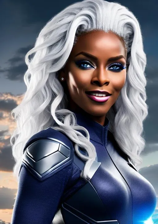 Prompt: High-resolution hyperrealistic photo of x-man storm ororo munroe merged with avenger photon monica rambeau, white hair, grey and white costume, uhd, hdr, 64k