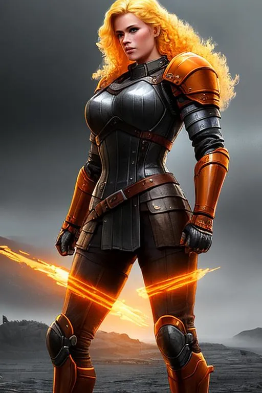 Prompt: digital art, 27-year-old Young woman viking, Quite well-built and lean muscled, orange armor, black pants, orange gear, Green-gold eyes, short blonde hair with streaks of blonde Curly. misty and/or rainy weather, hair Bordering between blond and dirty blond, full body, full armor, unreal engine 8k octane, 3d lighting