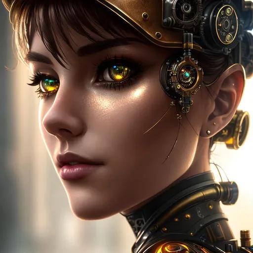 Prompt: a photorealistic steampunk art of a cyborg, sharp focus, detailed sharp eyes, extremely detailed, amazing, fine detail, striking, hyper realistic lifelike texture, dramatic lighting, dynamic pose, unreal engine, trending on artstation, cinestill 800 tungsten, looking at the viewer,