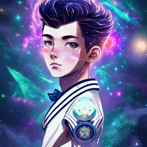 Prompt: 
Title: "Stellar Sailor"

Description: Create a captivating digital portrait of a sailor boy with a cosmic twist. Dress him in a classic sailor suit featuring star patterns, and give him a celestial compass that points to unknown cosmic destinations. Set the scene on a shimmering ocean reflecting the night sky. Add stardust freckles and a constellation tattoo to show his connection to the universe. With a telescope in hand and a friendly comet companion, he becomes the "Stellar Sailor" - a cosmic adventurer on a journey through the stars.