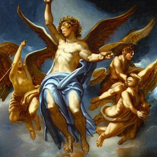 Prompt: Archangel Michael and his angels casts Satan and the fallen angels away from heaven