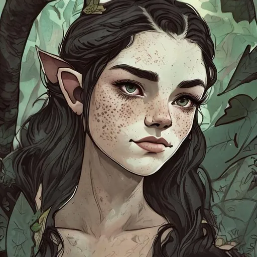 Prompt: Small elf ears pointed upwards, warm dark almond skin was covered in freckles scattered across her cheeks. Her ink black hair curled and weaved like strokes of a brush, each with beauty and purpose. And eyes the colour of forest foliage at the dead of night. 