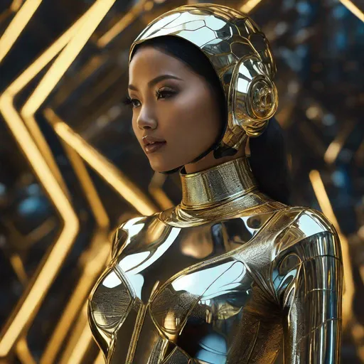 Prompt: pretty young Indonesian woman, 25 year old, (round face, high cheekbones, delicate nose), wearing shiny body suit, posing for picture, octane render, golden ratio, cyberpunk art by Nelson Alexander Ross, cgsociety, retrofuturism, futuristic, daz3d, made of liquid metal