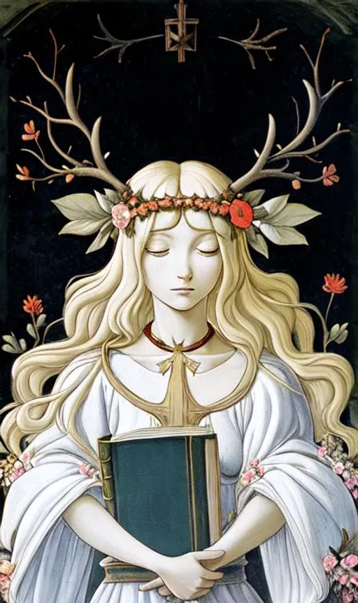 Prompt: Blond girl with flowers in her hair, antlers, crucifix around her neck, wearing a white dress, holding a bible, flora growing all around her, in the art style of Sandro Botticelli, a church in the background 