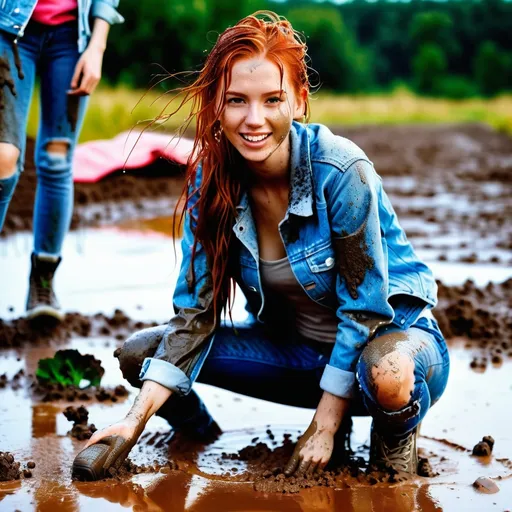 Prompt: photo of young woman, in soaking wet clothes, (wet converse sneakers, ripped blue jeans smeared with mud, denim jacket smeared with mud),  , redhead in a mud fight,   enjoying, wet clothes stuck to body,  detailed textures of the wet clothes, wet face, wet plastered hair,  wet, drenched, professional, high-quality details, full body view 