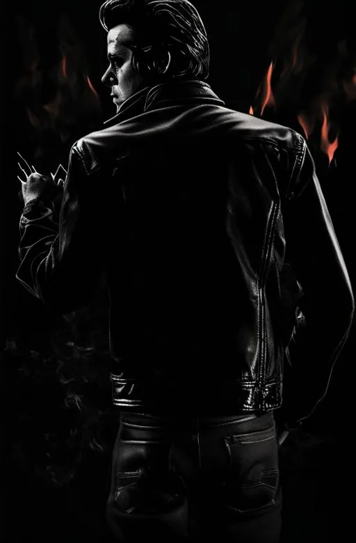 Prompt:  Horror movie poster featuring a male greaser wearing leather jacket and holding a switchblade with his back turned in front of a bonfire.

