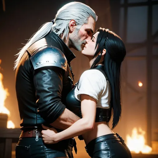 Prompt: Geralt from Witcher 3 passionately kissing tifa from Final Fantasy 7 with his hands on her buttocks