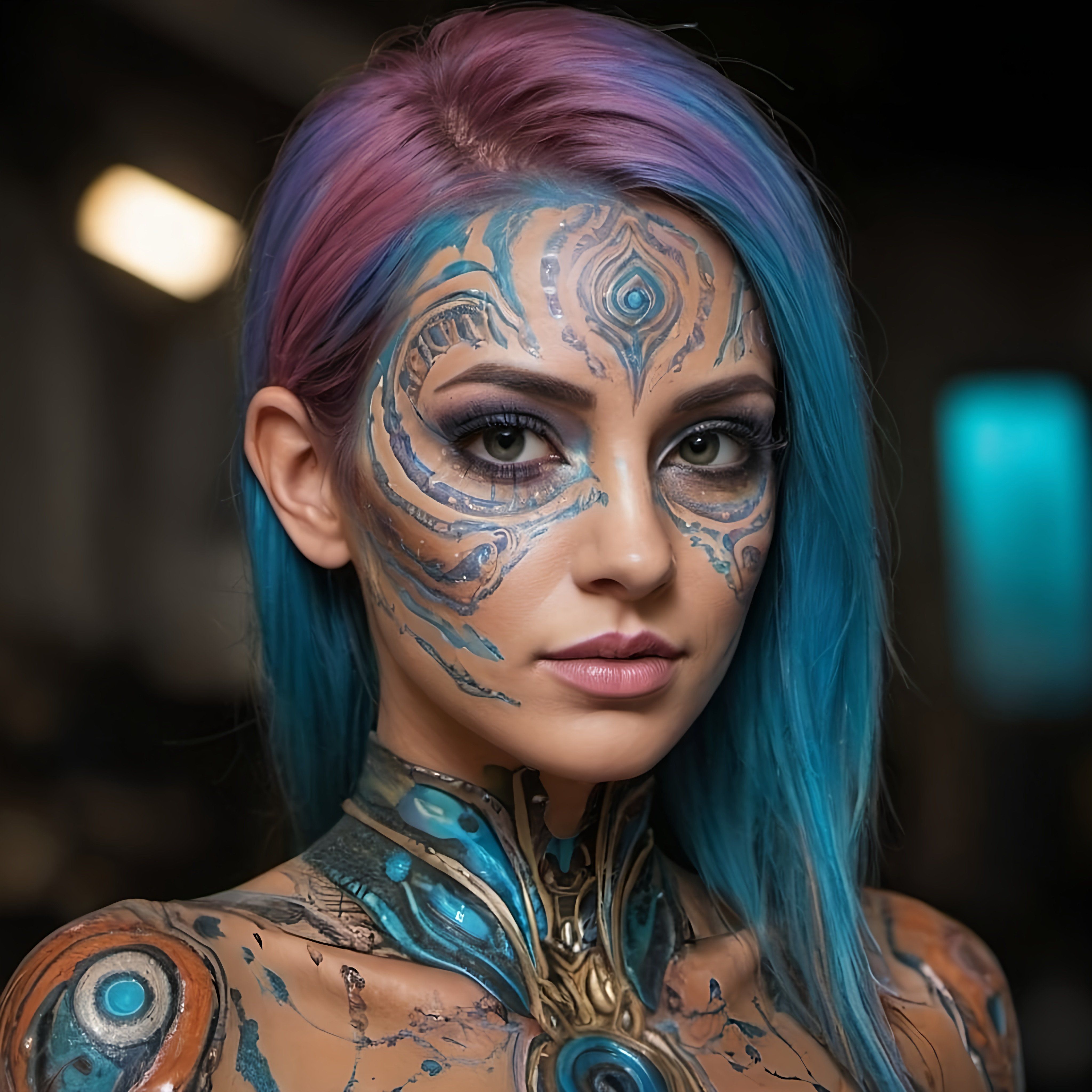 Prompt: a woman with blue hair and body paint, biopunk