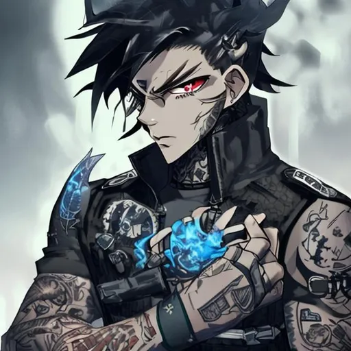 Prompt: male mid 20s, with black hair undercut, tattoos on his knuckles, intense, steel blue eyes, military outfit