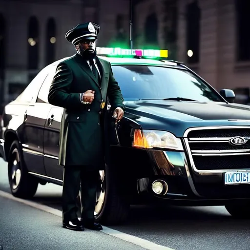 Prompt: African American 40 year old tall medium size man with thick ear length black dreadlocks, green eyes, with black tailored suit, black detective hat, standing by a police car, the words D’Monique Police Dept are written on car