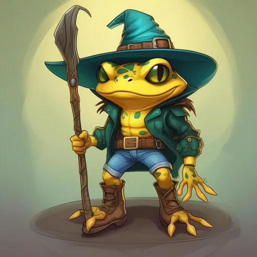 Prompt: Predator, yellow frog-like skin, green eyes, a teal witch hat, blue jeans with a belt and brown boots, masterpiece, best quality, in cartoon style