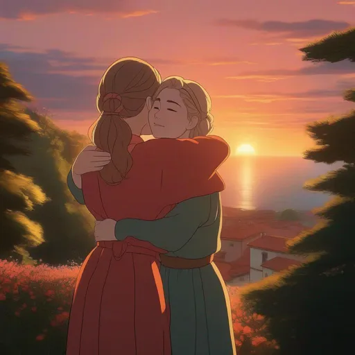 Prompt: ghibli movie starring scarlett johannson and florence pugh, sisterly hugging, happy, both facing the camera, sunset, consistent lighting and mood throughout