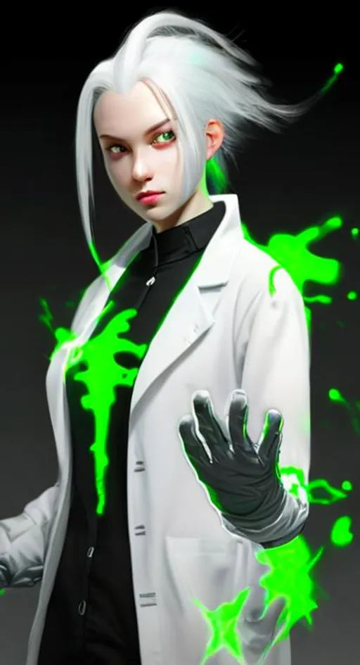 Prompt: black shirt, white labcoat, female, long grey and green glowing hair, wearing white gloves, concept art