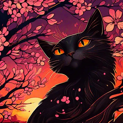 Prompt: Le Chat Noir style, phoenix, sunset colors, big emotional eyes, cherry blossom background, highly detailed, concept art, best quality, masterpiece 
