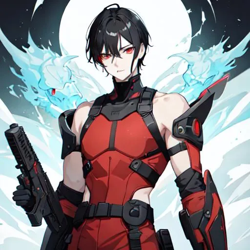 Prompt: 1male (pale) (black hair that just goes past his shoulders) (red eyes) he's holding a gun, nuclear fallout