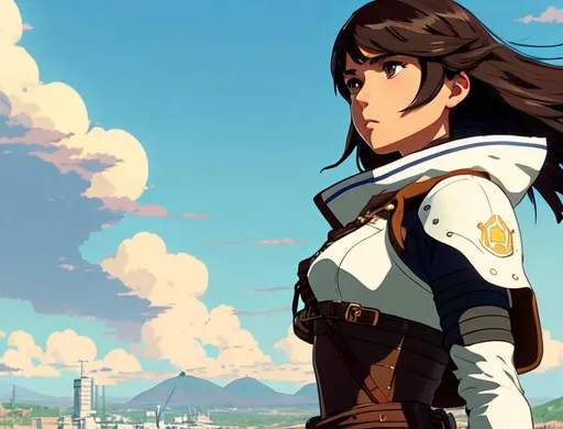 Prompt: Illustration by Makoto shinkai & Ilya Kuvshinov, royal city, Naomi Scott wearing white battle armor, long brown hair, dynamic pose, atmospheric, hyper realistic, 8k, epic composition, cinematic, octane render, 16K resolution, rendered in Enscape, Miyazaki, Nausicaa Ghibli, Breath of The Wild, 4k detailed post processing, artstation, focus, no blur