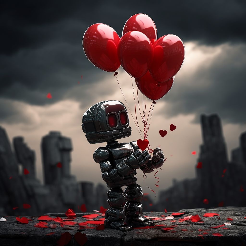 a robot in love and holding red balloons in the style of surrealistic poses vray tracing black pa