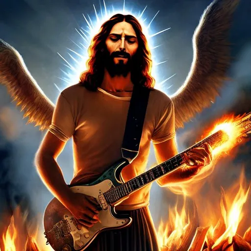 Prompt: Jesus Christ in a guitar battle against satan, epic image, fire and sparks, awesome, 4k