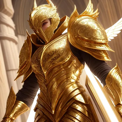 Prompt: In Angelic Gold and White Armor, Full HD render + immense detail + dramatic lighting + well lit + black, character sheet, + fine esoteric symbolism | ultra - detailed realism, soft cinematic lighting, high - quality, engraved | highly detailed |digital painting, artstation, concept art, smooth, sharp focus, Nostalgic, ethereal, nebula, 8k, hyper detailed, intricate detail, photorealistic, space void galaxy universe