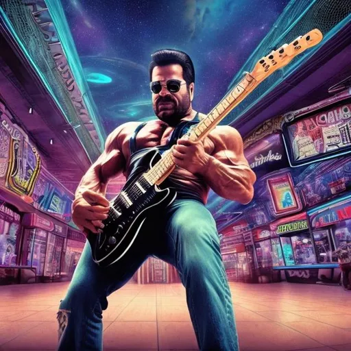 Prompt: Bodybuilding Jim Jones, playing guitar for tips in a busy alien mall, widescreen, infinity vanishing point, galaxy background