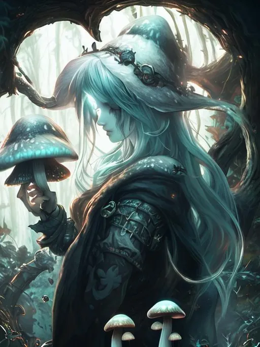 Prompt: Mysterious adventurer female mage of mushroom spores, detailed character portrait, dark fantasy vibe, creative dnd character ideas, lots of mushroom glow, grim dark, artstation 4k, crazyness, clean girl, dramatic light, anime style