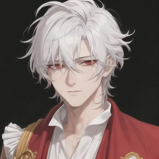 Prompt: "A close-up photo of a handsome prince with messy short hair, white hair, glowing red eyes, wearing a red robe, in hyperrealistic detail, with a slight hint of disgust in his eyes. His face is the center of attention, with a sense of allure and mystery that draws the viewer in, but his eyes are also slightly downcast, as if a sense of disgust is lingering in his thoughts. The detailing of his face is stunning, with every pore, freckle, and line rendered in vivid detail, but the image also captures the subtle emotions of disgust that might lie beneath his surface."