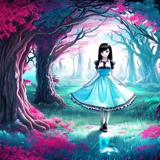 Prompt: a dream scape world with eyes all over, the colors should be pastels with a hint of blood red, there is a character much like Alice with black hair and red eyes, she should be wearing a cute pastel blue dress with a white apron.