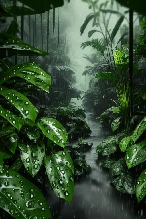 Prompt: A jungle, in heavy rain, monochrome, many drops of water falling from the leaves of plants, many drops splashing the water of the stream, vines everywhere, giant wet trees, masterpiece, best quality, high quality, wallpaper Extremely Detail CG Unity 8k, Oil Painting, Award Winning Photography, Bokeh, Depth of Field, HDR, Bloom, Chromatic Aberration, Photorealistic, Extremely Detailed, Trending on Artstation, Trending on CGsociety, Intricate, High Detail, Dramatic Volumetric Lighting