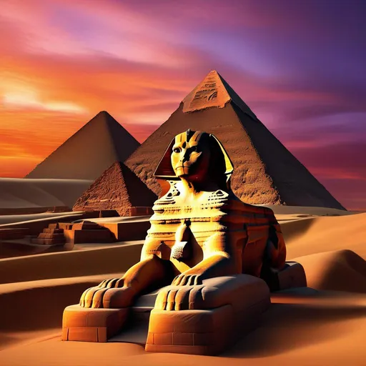 Prompt: Create an ethereal art piece that captures the awe-inspiring scene of the Great Sphinx of Giza and the Pyramids at sunset. The sky is painted with hues of warm oranges and purples, casting a gentle glow over the ancient structures. The Great Sphinx, with its majestic lion's body and human face, stands proudly in front of the Pyramids, its weathered stone bearing the weight of centuries. The Pyramids, with their precise geometry, rise powerfully from the desert sands, their edges catching the last rays of the setting sun. A sense of mystery and timelessness permeates the scene, hinting at the history and stories these ancient monuments hold. Ensure the best resolution and high quality of the image.