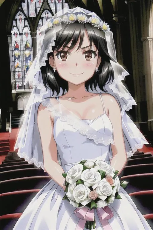 Prompt: 30-old Miranda cosgrove | Wedding Dress | veil, Average Body, Happy face, church background, bridal bouquet, ultra-fine details, ambient lighting, soft glow, elegant, symmetrical facial features, accurate anatomy, anatomically correct Girl, sharp focus, fantasy cgi still, Artgerm, taken on nikon d750, scenic, gossamer, iridescent, ethereal, ultra realistic, sharp details, subsurface scattering, intricate details, warm lighting, beautiful features, highly detailed, photorealistic, octane render
