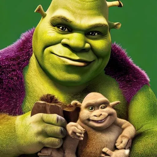 Prompt: Shrek holding a monkey