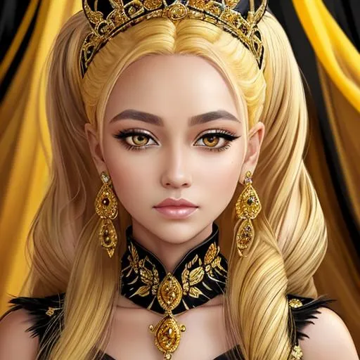 Prompt: Queen bee-A beautiful woman with golden hair arrainged in a top knot behind a gold tiara. Amber colored eyes, gown in colors of yellow and black, facial closeup