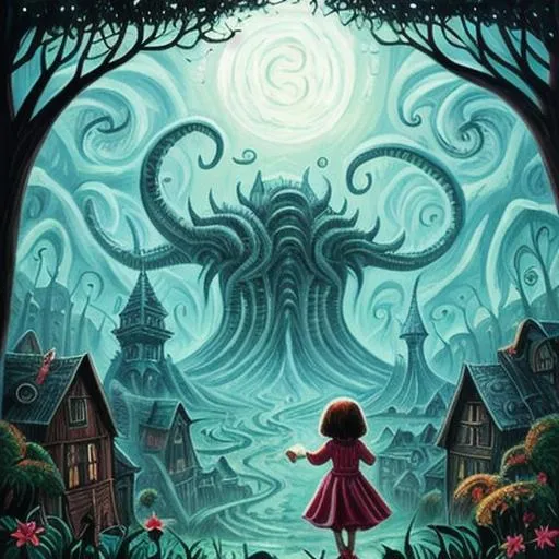 Prompt: eldritch horror taking over the world as a little girl watches