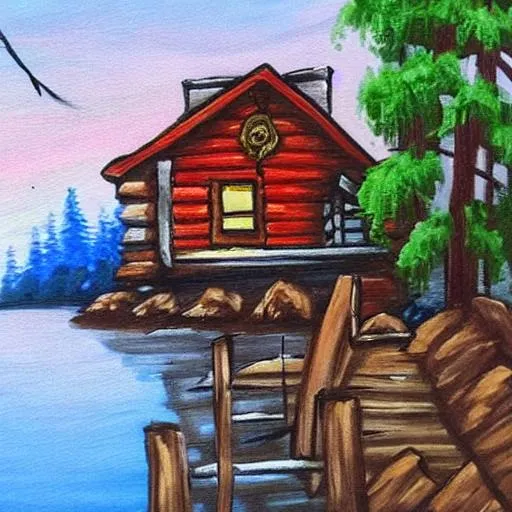 Prompt: Bob Ross style painting with a cabin